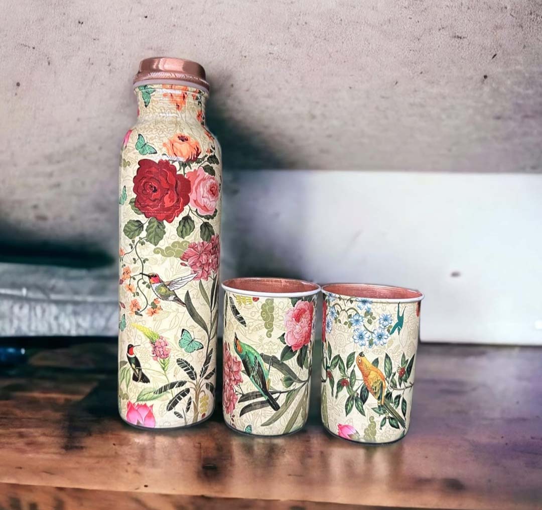 Meena Printed Bottle water bottle 1 bottle 2 glasses with black gift box