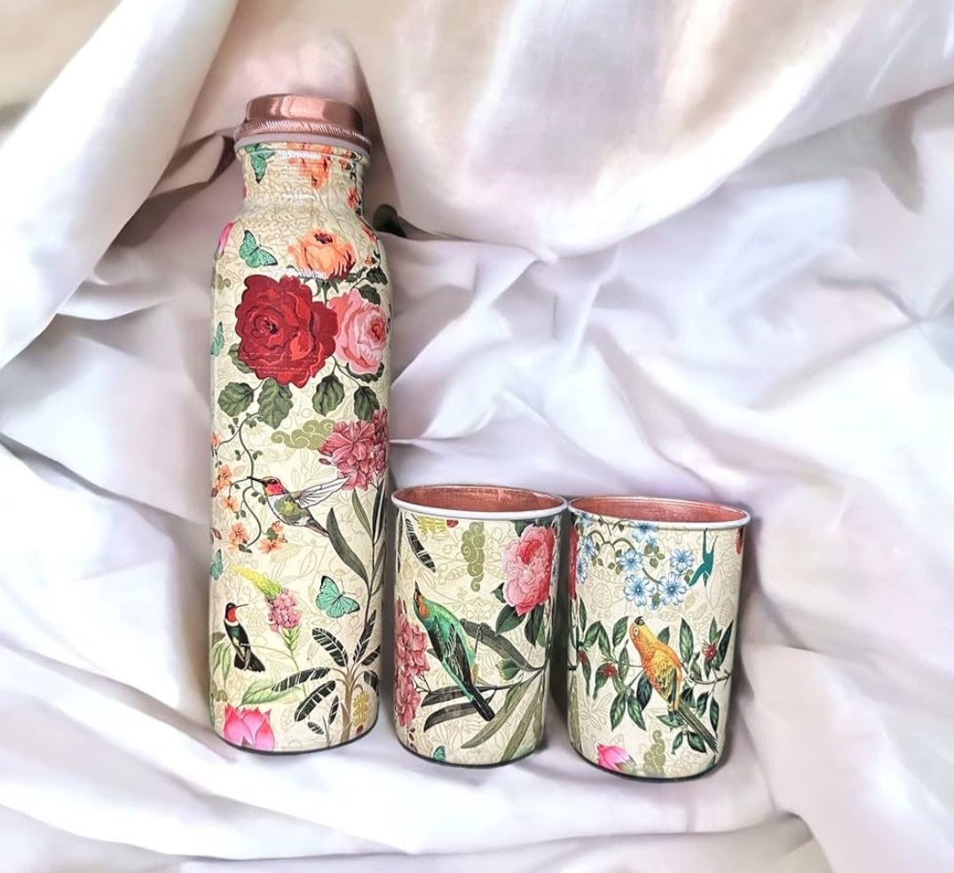 Meena Printed Bottle water bottle 1 bottle 2 glasses with black gift box