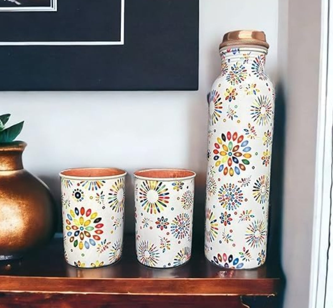 Meena printed copper water bottle 1 bottle 2 glasses with gift box