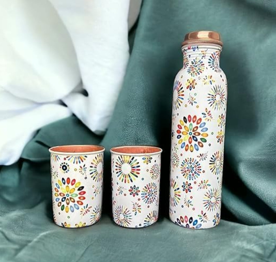 Meena printed copper water bottle 1 bottle 2 glasses with gift box