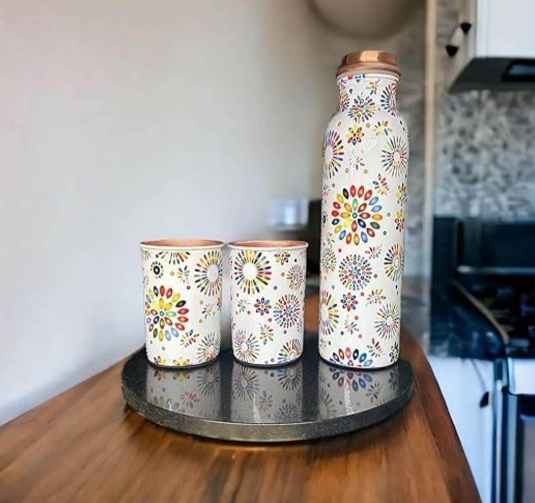 Meena printed copper water bottle 1 bottle 2 glasses with gift box