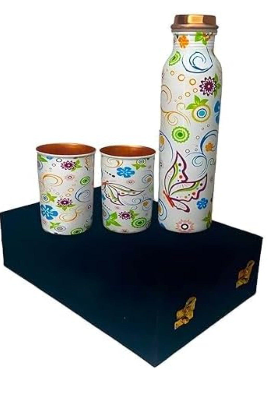 Meena printed copper water bottle gift set 1 bottle 2 glasses with velvet gift box 🎁