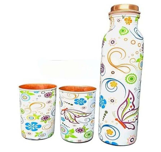 Meena printed copper water bottle gift set 1 bottle 2 glasses with velvet gift box 🎁